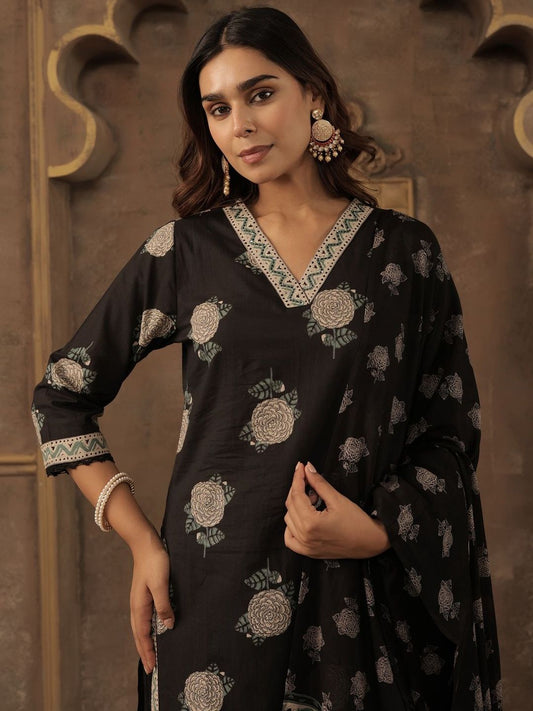 Women Floral Printed Sequinned Pure Cotton Kurta with Trousers & Dupatta