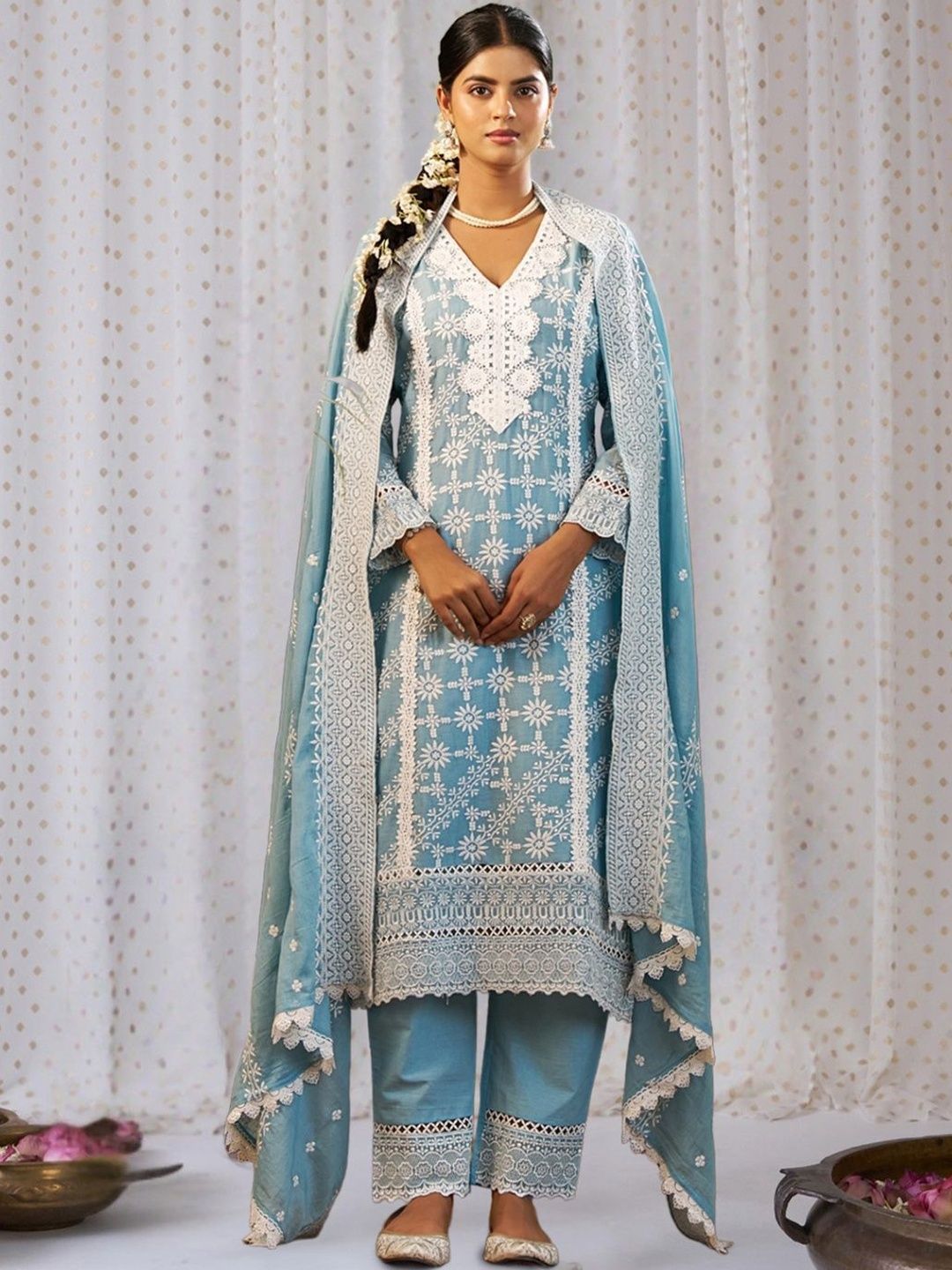 Women Ethnic Motifs Embroidered Regular Chikankari Pure Cotton Kurta with Trousers & With Dupatta