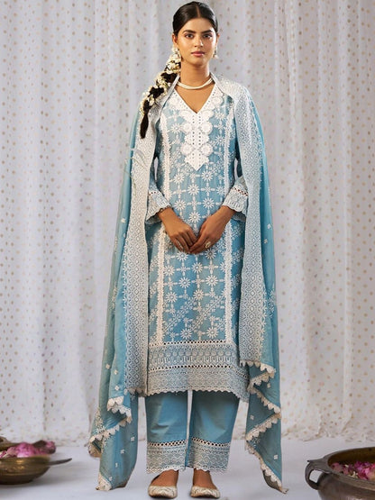 Women Ethnic Motifs Embroidered Regular Chikankari Pure Cotton Kurta with Trousers & With Dupatta