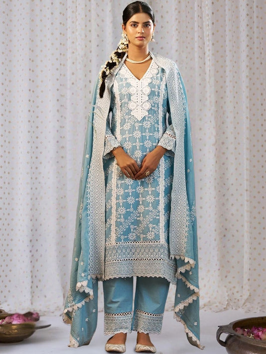 Women Ethnic Motifs Embroidered Regular Chikankari Pure Cotton Kurta with Trousers & With Dupatta
