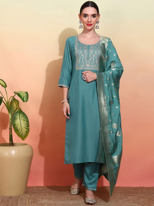 Dhiyona OD  Women Embroidered Regular Kurta with Trousers & With Dupatta