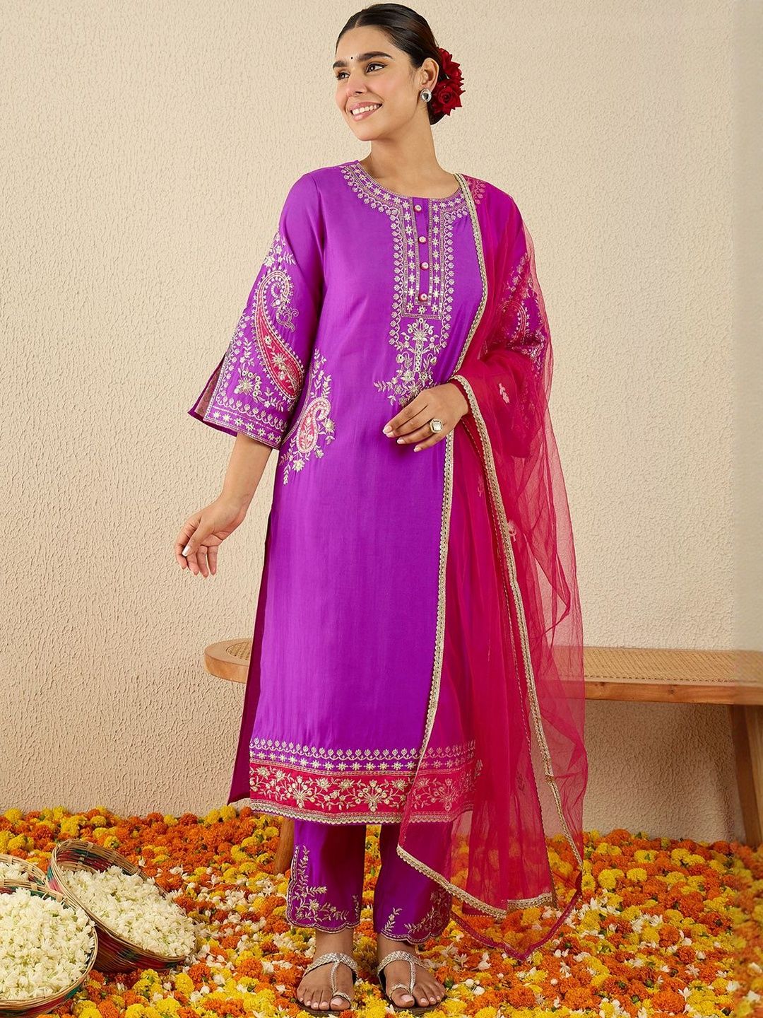 Dhiyona IE Floral Yoke Design Round Neck Thread Work Straight Kurta & Dupatta with Trousers