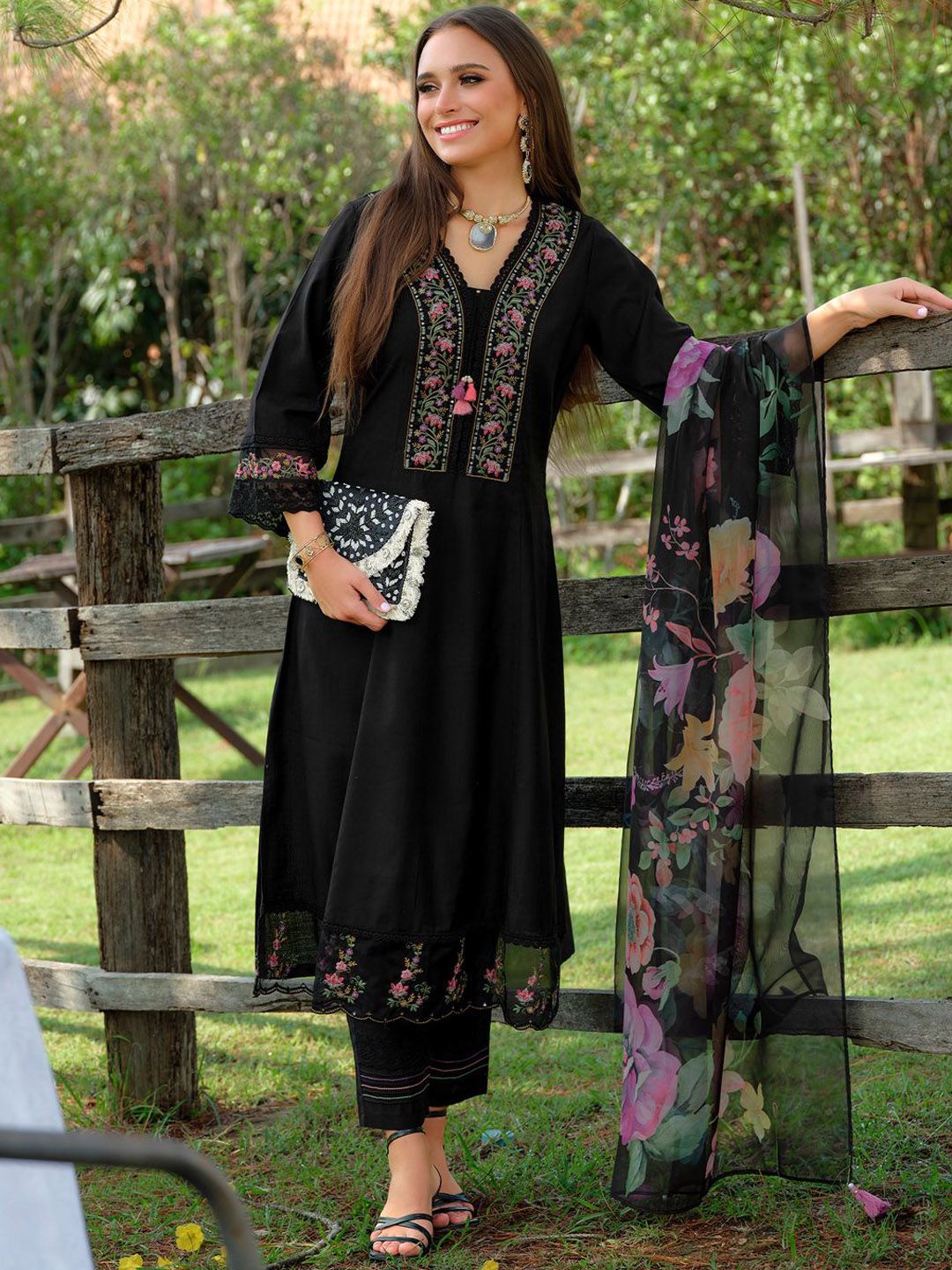 Floral Embroidered V-Neck Pure Cotton A-Line Kurta With Trousers & Dupatta