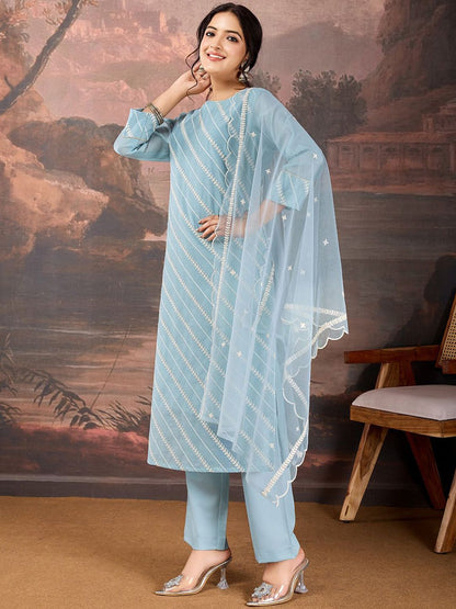 Dhiyona PD Women Sequined Embroidered Round Neck Straight Kurta & Trousers With Dupatta