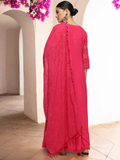 Dhiyona IS Women's Embroidered Thread Work Round Neck A-Line Kurta with Trousers & Dupatta