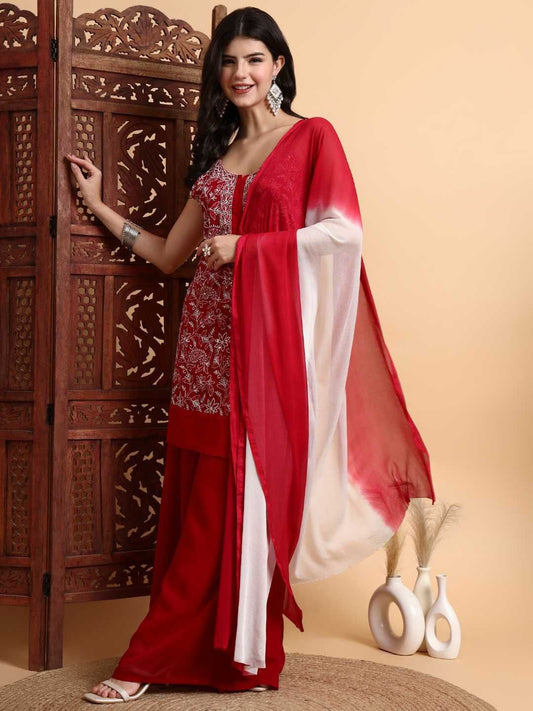 Dhiyona HOP Embroidered Chikankari Georgette Straight Kurti & Sharara With Dupatta