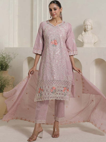Women Floral Embroidered Regular Thread Work Pure Cotton Kurta with Trousers & With Dupatta