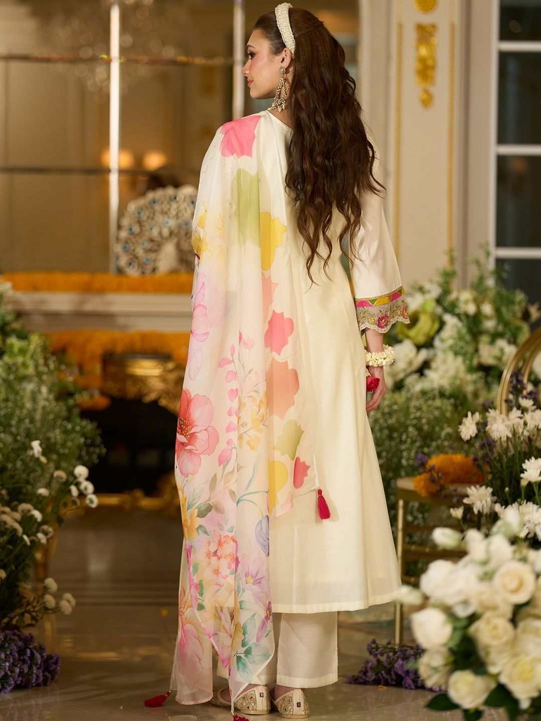 Floral Embroidered A-Line Tie-Up Neck Thread Work Kurta With Trousers & Dupatta