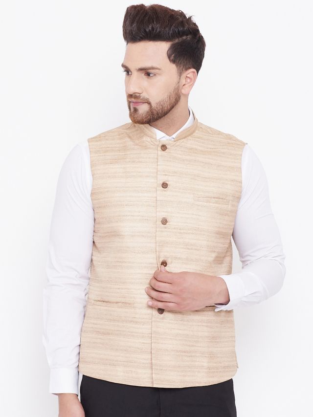 Men's Beige Silk Blend Straight Nehru Jacket