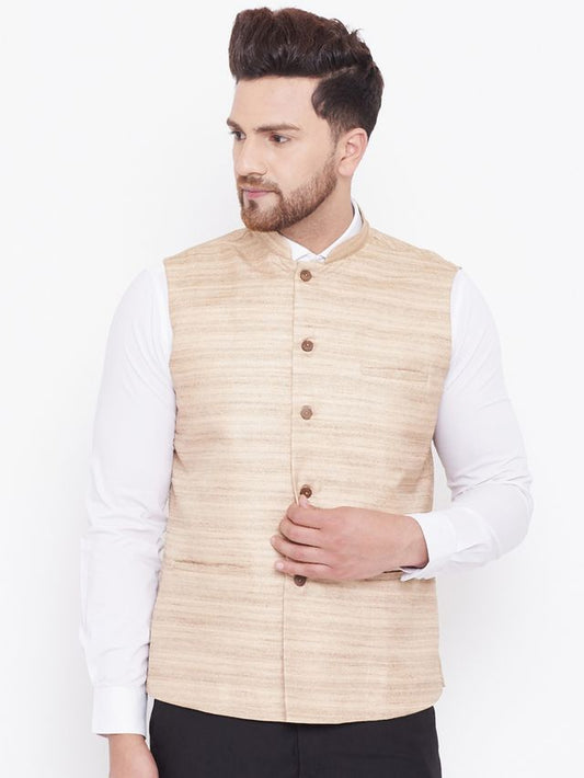 Men's Beige Silk Blend Straight Nehru Jacket