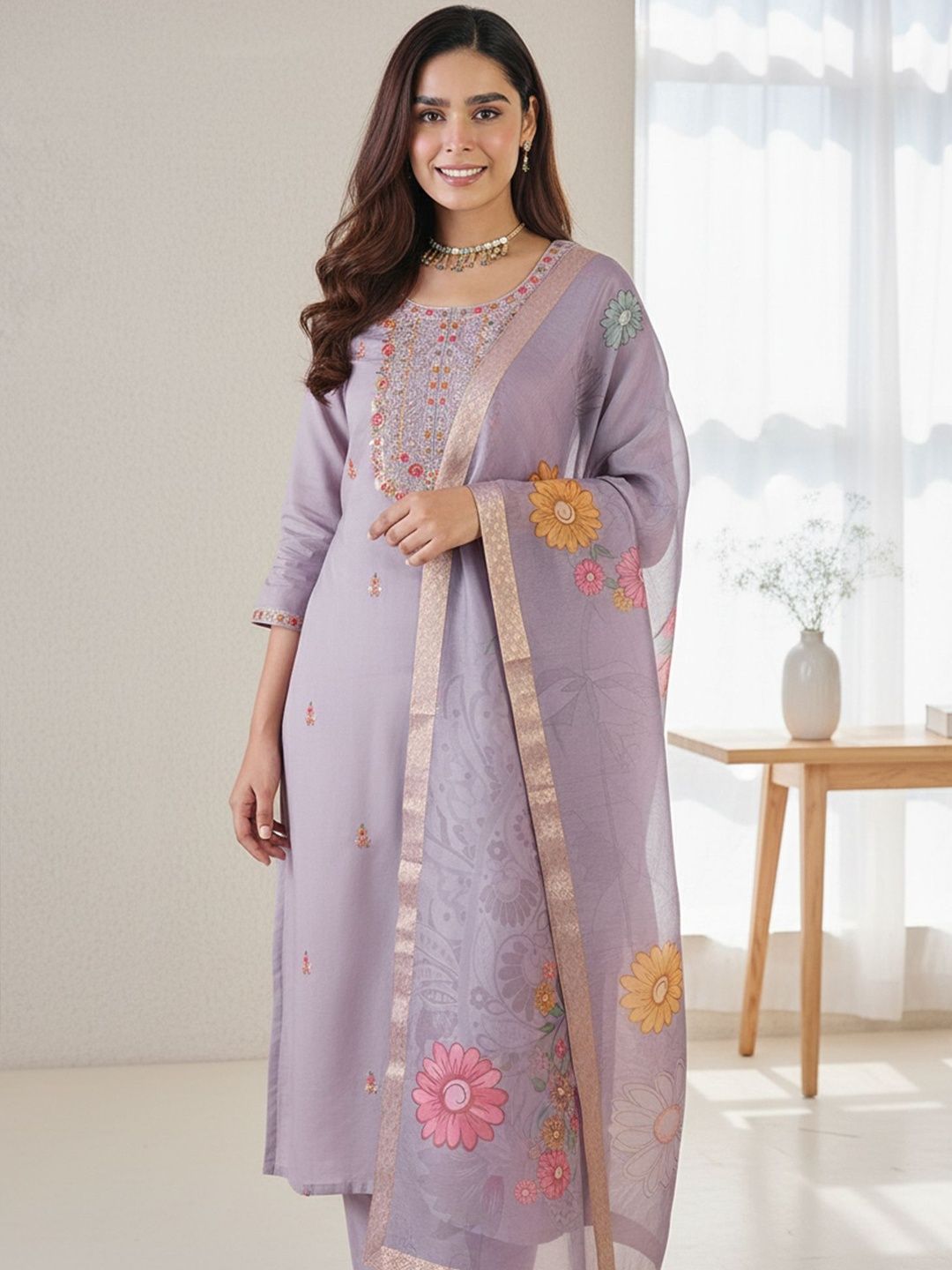 Floral Printed Thread Work Straight Kurta With Trousers & Dupatta