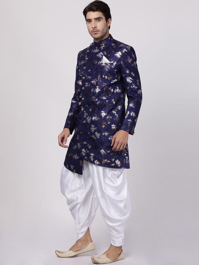 Men's Blue Polyester Lurex Blend Asymmetric Sherwani Set