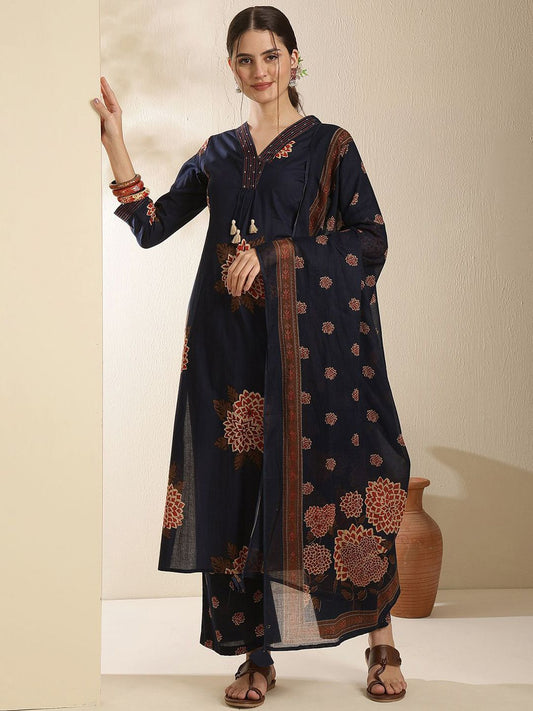 Dhiyona SN Women's Floral Printed Pure Cotton V-Neck Straight Kurta With Trouser & Dupatta