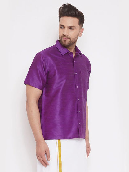 Men's Purple Silk Blend Straight Shirt And Mundu