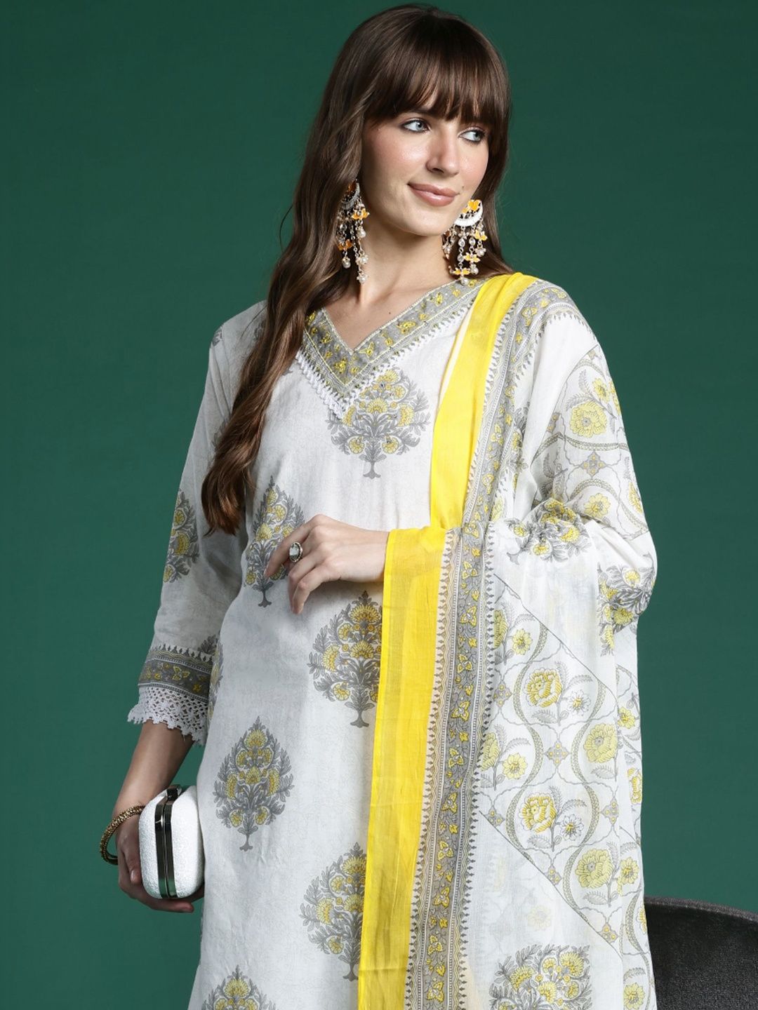 Dhiyona IE Women Ethnic Motifs Printed Regular Pure Cotton Kurta with Trousers & With Dupatta