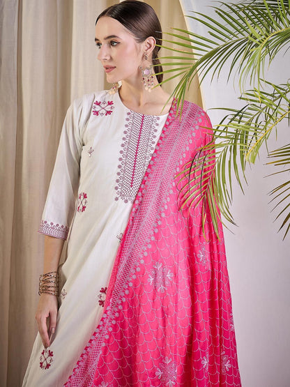 Women Ethnic Motifs Embroidered Cotton Kurta with Trousers & Dupatta