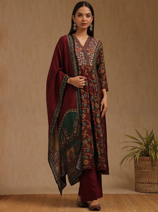 Dhiyona SO Women's Floral Printed V-Neck Thread Work Kurta With Palazzos & Dupatta