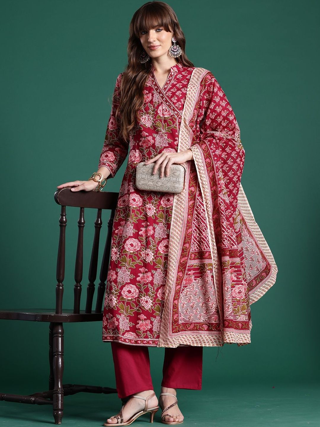 Women Floral Printed Angrakha Pure Cotton Kurta with Trousers & With Dupatta