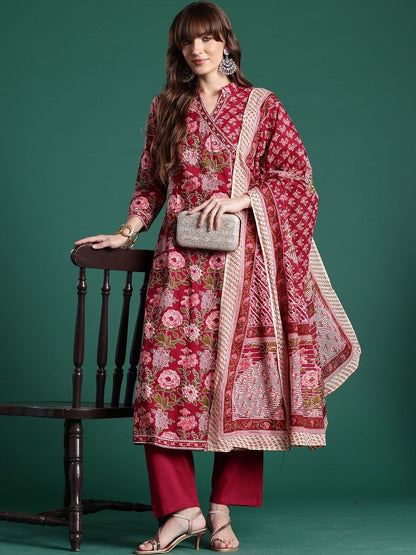 Women Floral Printed Angrakha Pure Cotton Kurta with Trousers & With Dupatta