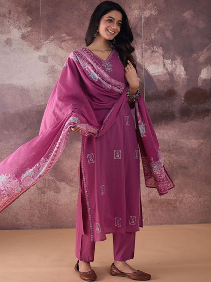 Ethnic Motifs Embroidered V-Neck Thread Work Cotton Kurta With Trousers & Dupatta