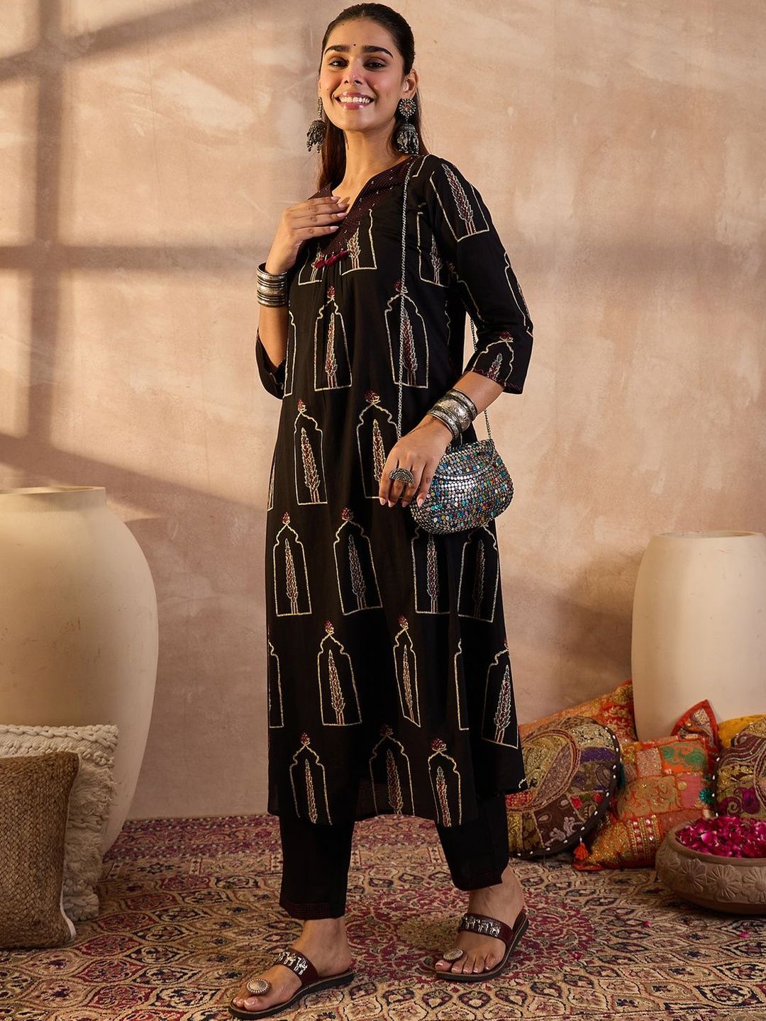 Women Ethnic Motifs Printed Regular Sequinned Pure Cotton Kurta with Trousers