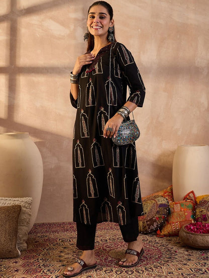Women Ethnic Motifs Printed Regular Sequinned Pure Cotton Kurta with Trousers