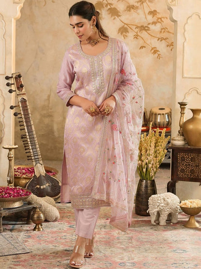 Ethnic Motifs Woven Design Zari Straight Kurta With Trousers & Dupatta
