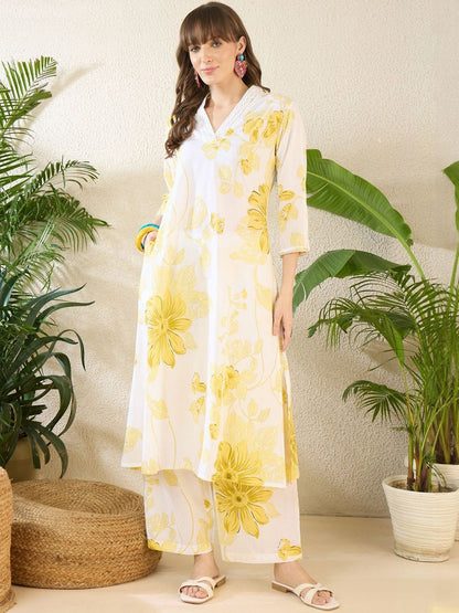 Dhiyona IE Printed V-Neck Three-Quarter Sleeves Pure Cotton Tunic And Trousers