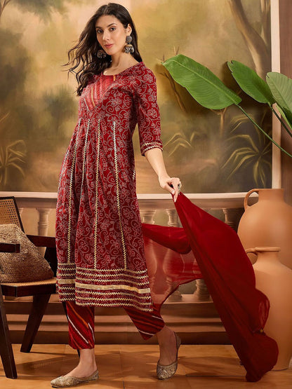 Dhiyona SN Women's Printed With Gota Patti Pure Cotton Anarkali Kurta with Trousers & Dupatta
