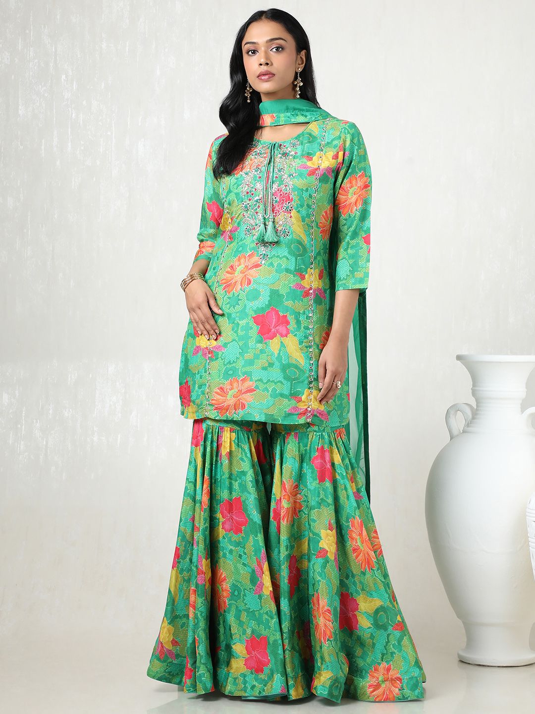 Dhiyona SO Women's Women Floral Printed Regular Mirror Work Kurta with Sharara & With Dupatta