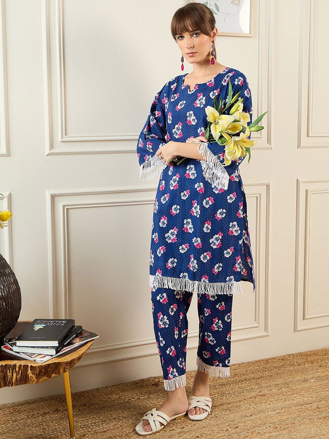 Dhiyona IE Women Floral Printed Regular Pure Cotton Kurta with Trousers