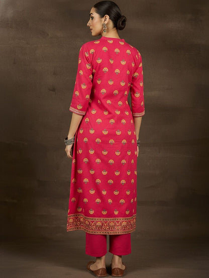Ethnic Motifs Printed Thread Work Pure Cotton Straight Kurta with Trousers