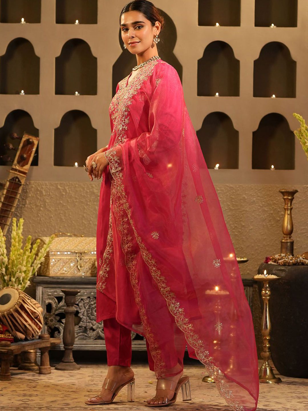 Dhiyona IE Women's Women Ethnic Motifs Embroidered Regular Sequinned Kurta with Trousers & Dupatta
