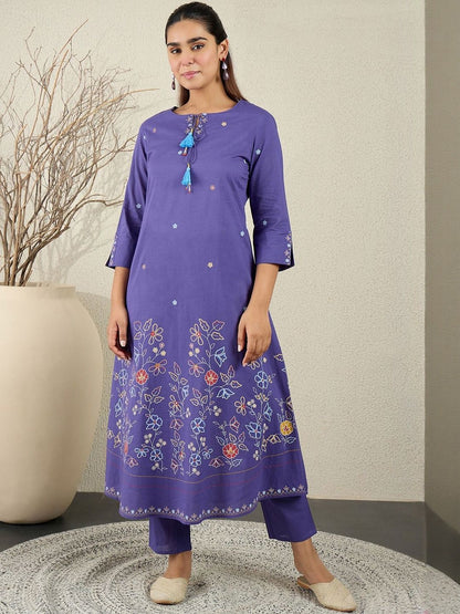 Women Floral Embroidered Cotton A-Line Kurta with Trousers & Dupatta
