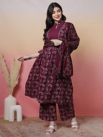 Dhiyona SN Women's Floral Printed Mandarin Collar Pure Cotton Anarkali Kurta With Trouser & Dupatta