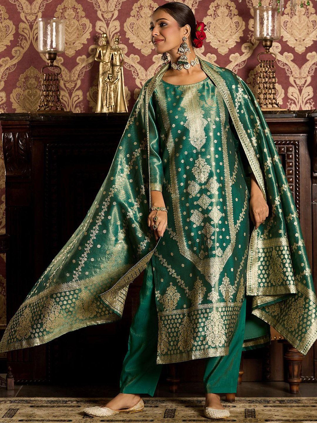 Ethnic Motifs Woven Design Zari Straight Kurta With Trousers & Dupatta