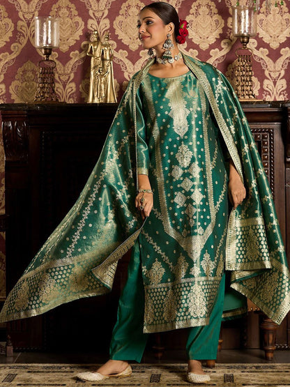 Ethnic Motifs Woven Design Zari Straight Kurta With Trousers & Dupatta