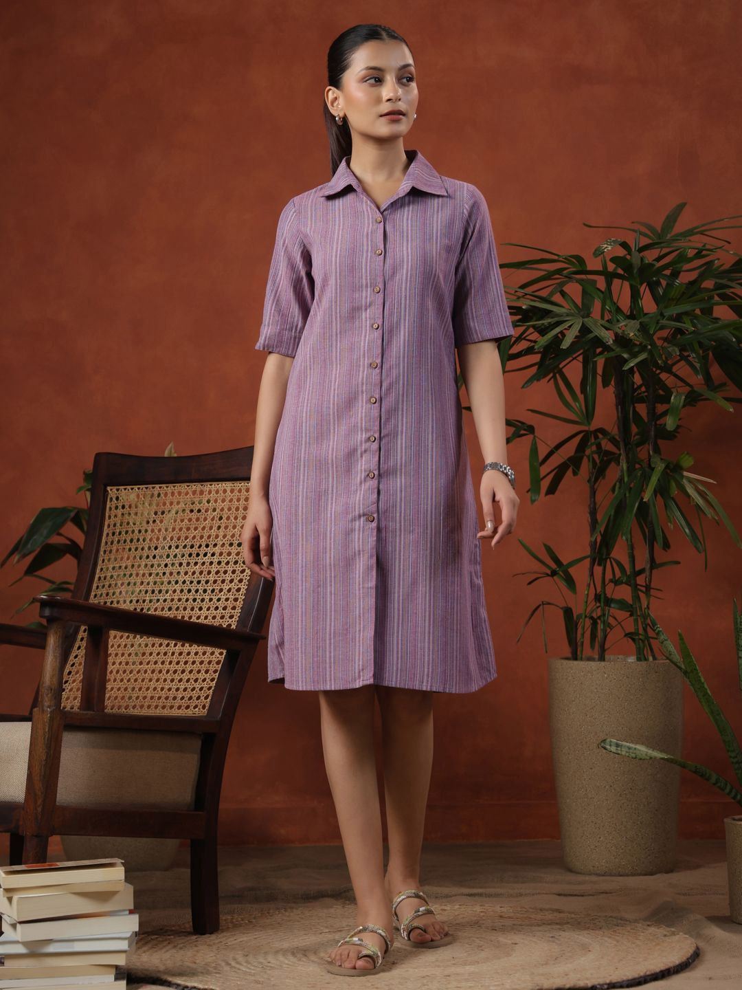 Dhiyona AY Women's Striped Cotton Shirt Dress