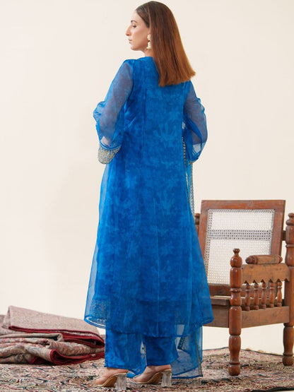 Dhiyona PD Women Floral Embroidered V-Neck Organza A-Line Kurta With Trousers & Dupatta