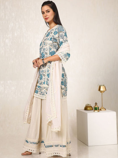Dhiyona SO Women's Floral Printed Regular Gotta Patti Linen Straight Kurti with Palazzos & Dupatta