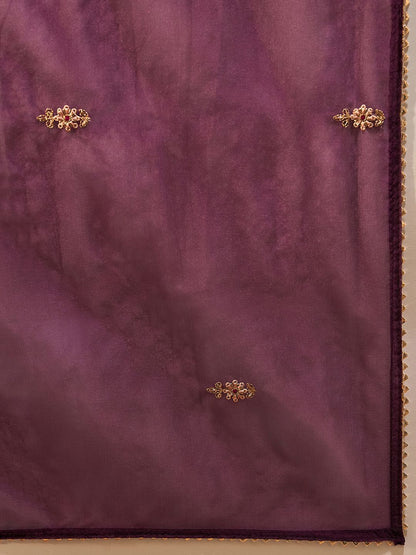 Dhiyona IE Burgundy Floral Embroidered Straight Kurta with Trousers & Dupatta