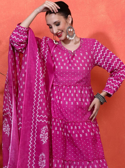 Dhiyona SN Women's Floral Printed Pure Cotton A-Line Kurta & Trousers Sets