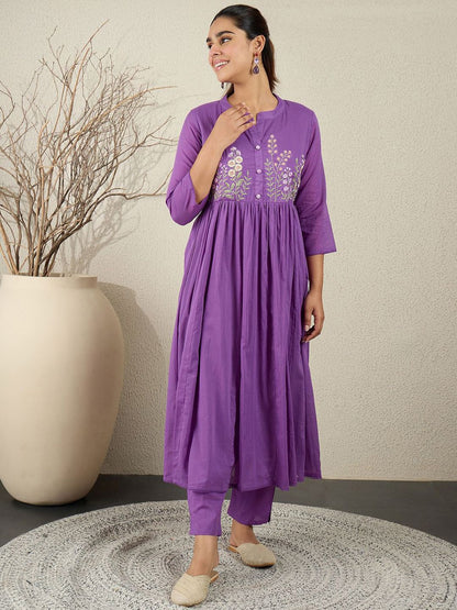 Floral Embroidered Anarkali Thread Work Pure Cotton Kurta With Trousers & Dupatta