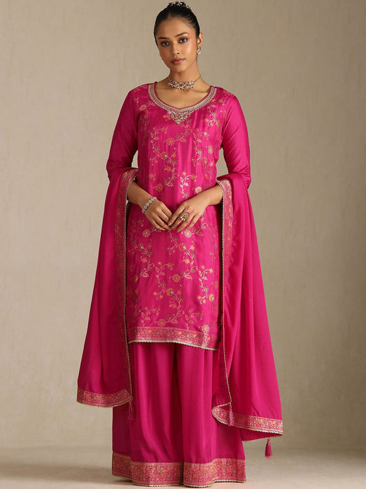 Dhiyona SO Women's Floral Printed Beads & Stones Brocade Weave Round Neck Kurta With Palazzos & Dupatta