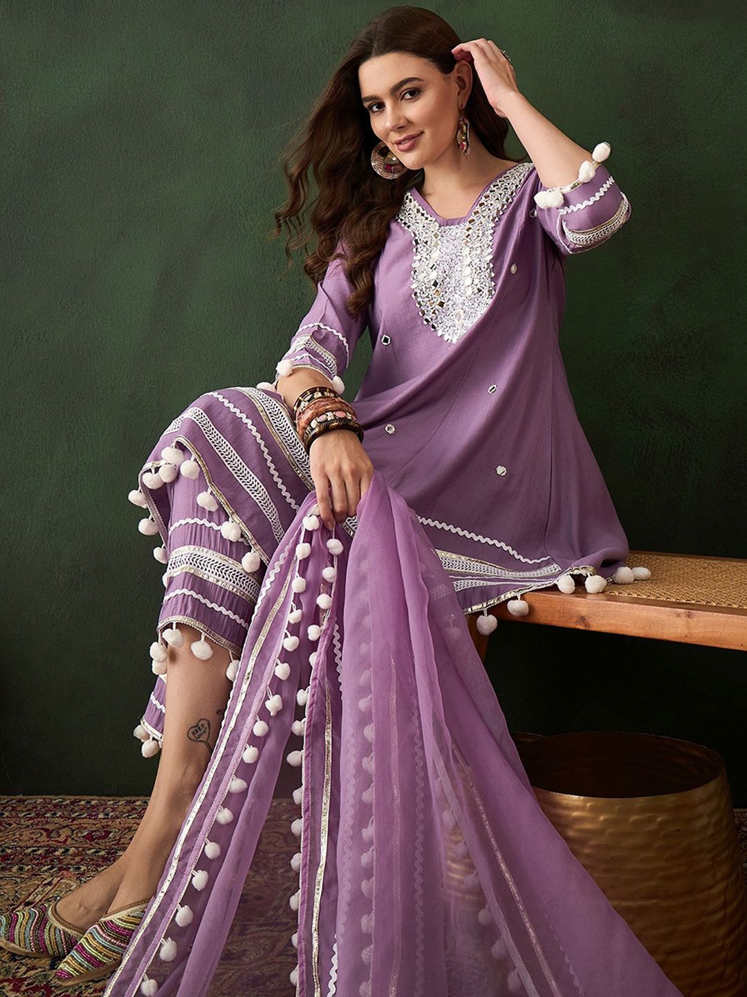 Dhiyona SN Women's Purple Floral Embroidered Mirror Work A-Line Kurta With Trousers & Dupatta