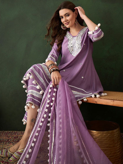 Dhiyona SN Women's Purple Floral Embroidered Mirror Work A-Line Kurta With Trousers & Dupatta