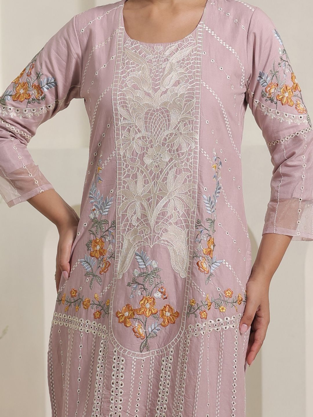 Women Floral Embroidered Sequinned Pure Cotton Kurta with Trousers & Dupatta