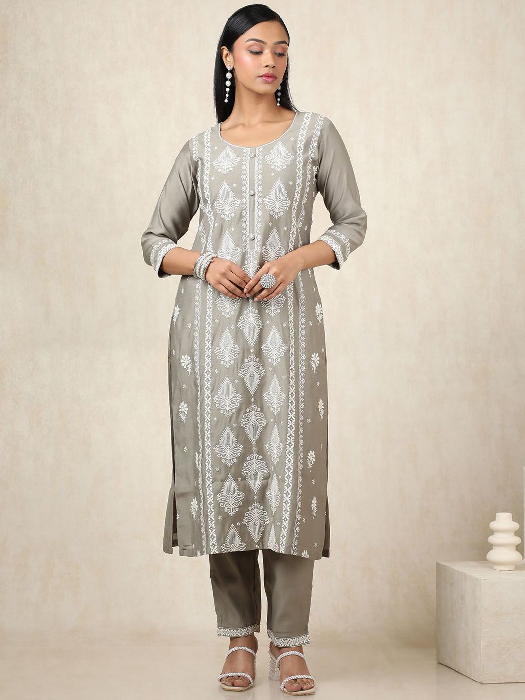Dhiyona SO Women's Women Ethnic Motifs Printed Regular Chanderi Cotton Kurta with Trousers & With Dupatta