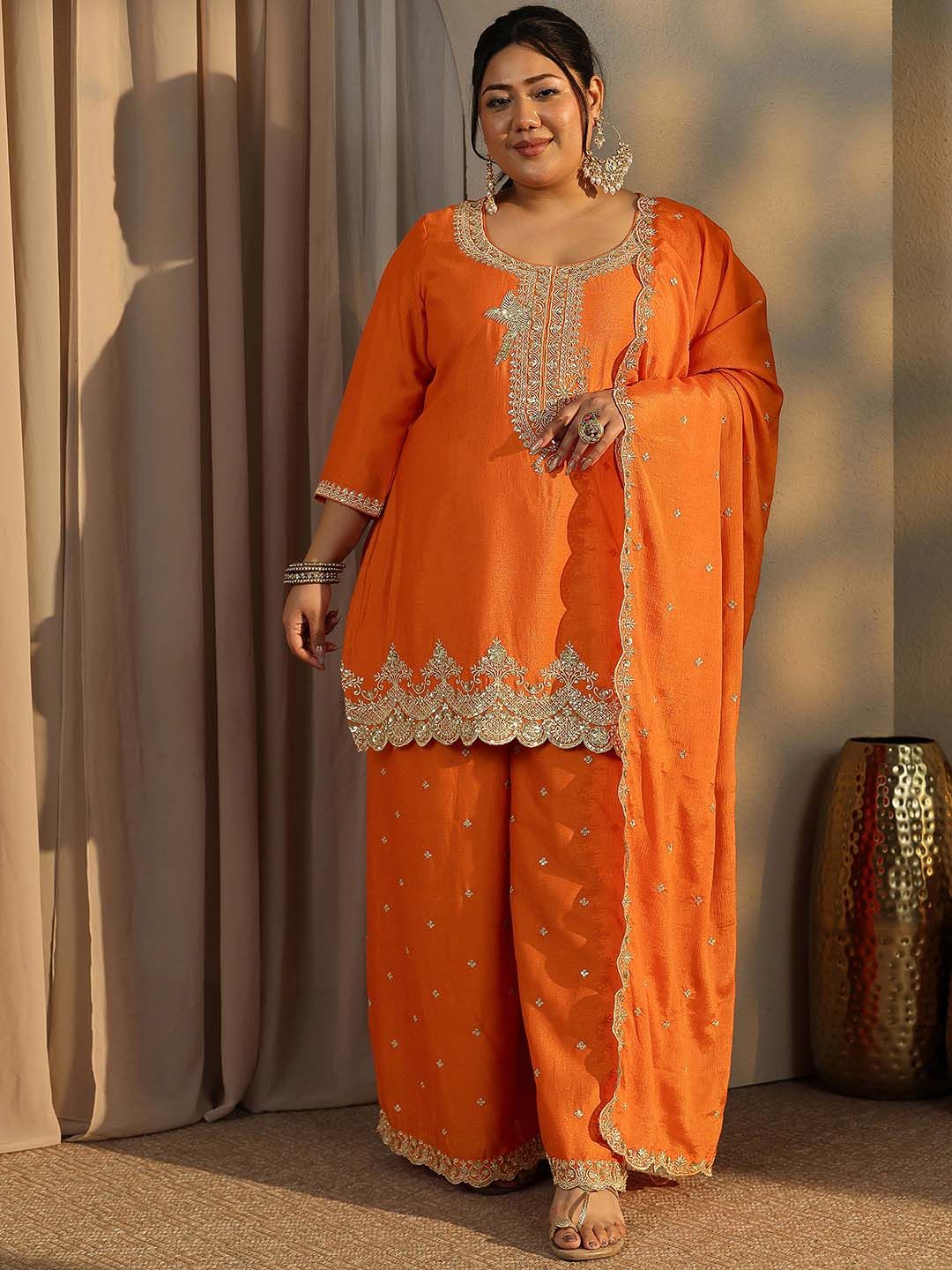 Dhiyona Women's Plus Size Ethnic Motifs Embroidered Kurta with Palazzo & Dupatta