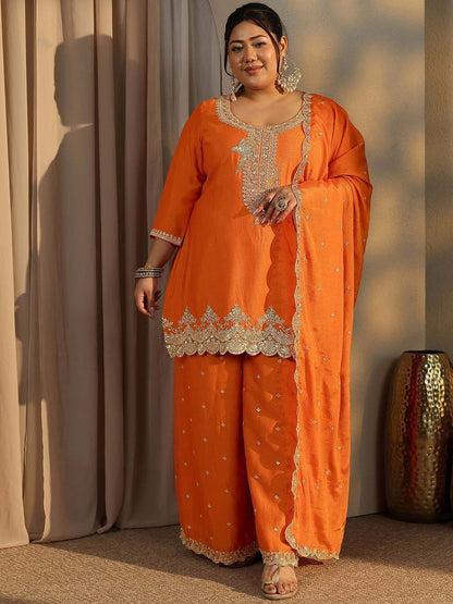 Dhiyona Women's Plus Size Ethnic Motifs Embroidered Kurta with Palazzo & Dupatta
